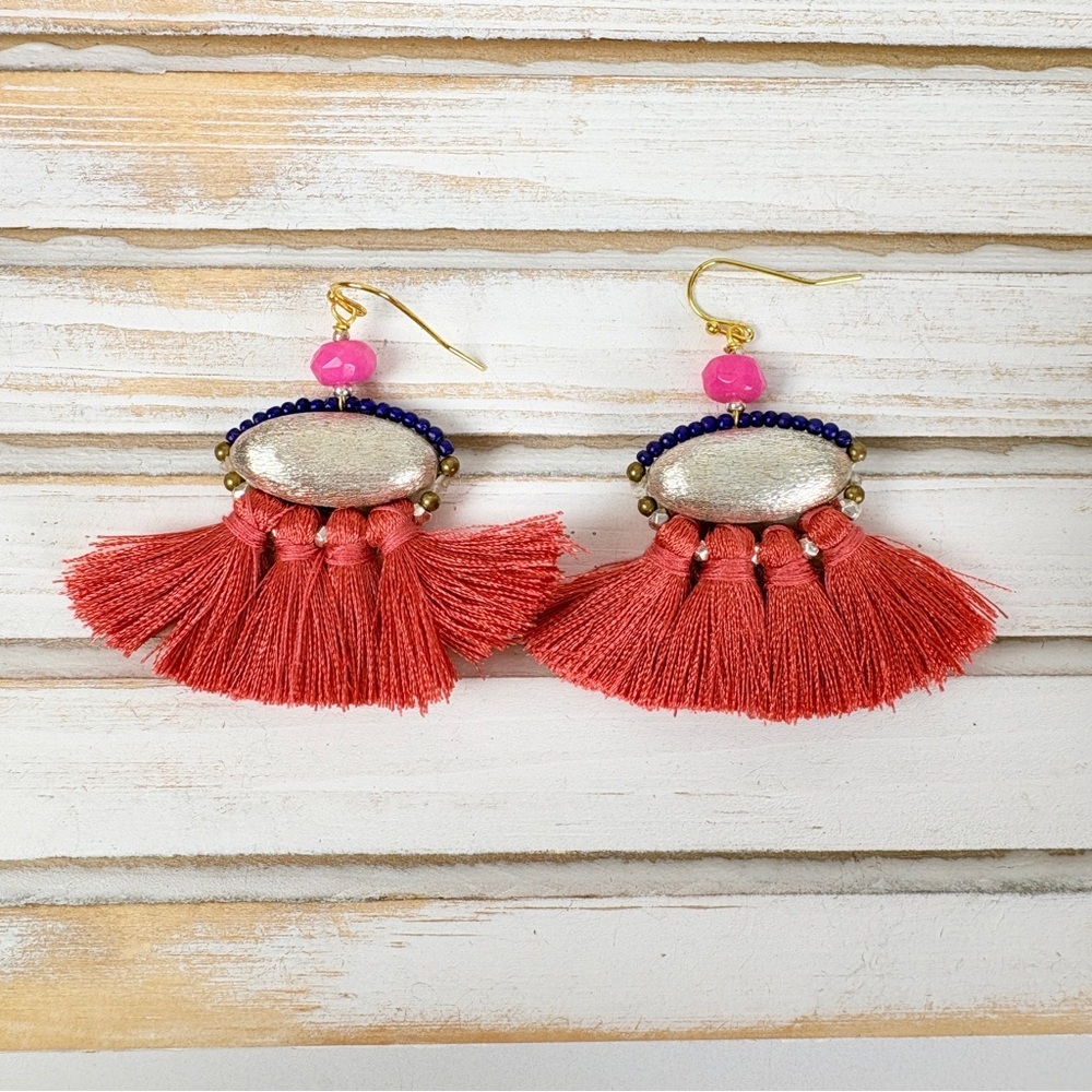 NWT! Nakamol Boho Chic Coral Tassel Fringe Earrings